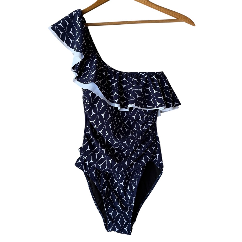 Profile‎ by Gottex Womens Navy Blue Geometric One Shoulder Ruffle Swimsuit 6